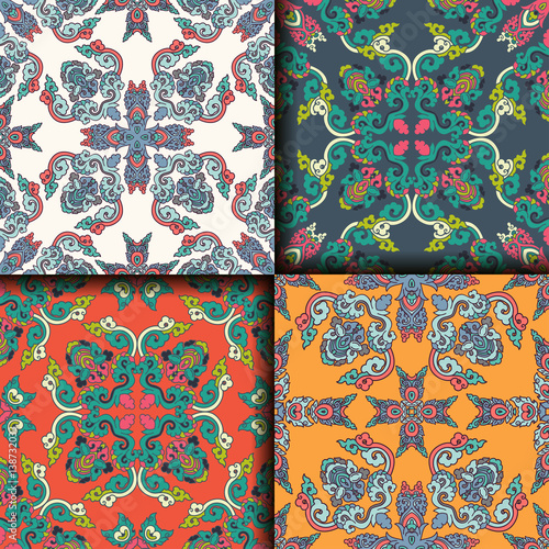 Vector abstract seamless patchwork pattern. Arabic tile texture with geometric and floral ornaments. Decorative elements for textile, book covers, print, gift wrap. Vintage boho style.