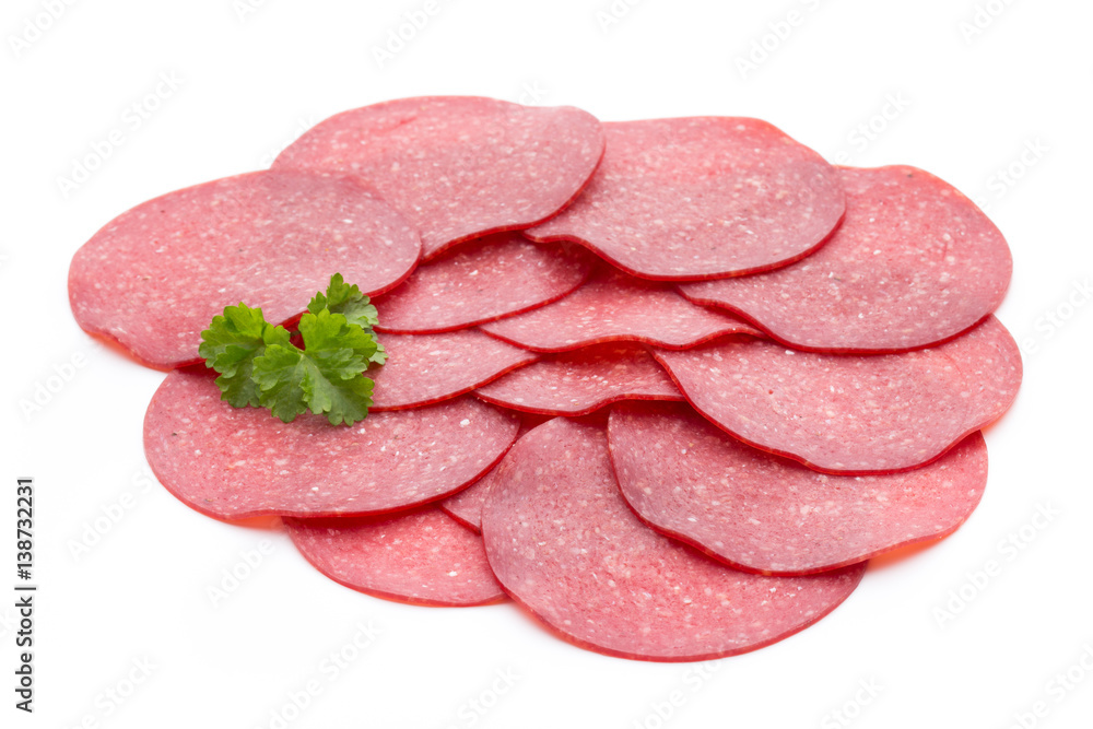 Salami smoked sausage one slice isolated on white background cutout. Salami smoked sausage one slice isolated on white background cutout.