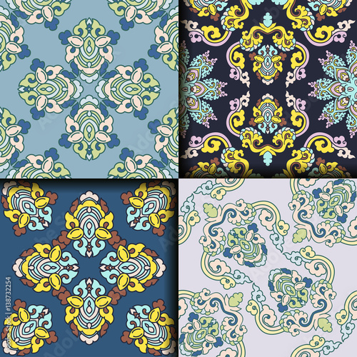 Vector abstract seamless patchwork pattern. Arabic tile texture with geometric and floral ornaments. Decorative elements for textile, book covers, print, gift wrap. Vintage boho style.