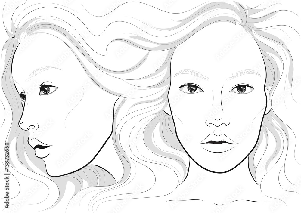 vector portrait of a woman's profile and full face with long beautiful