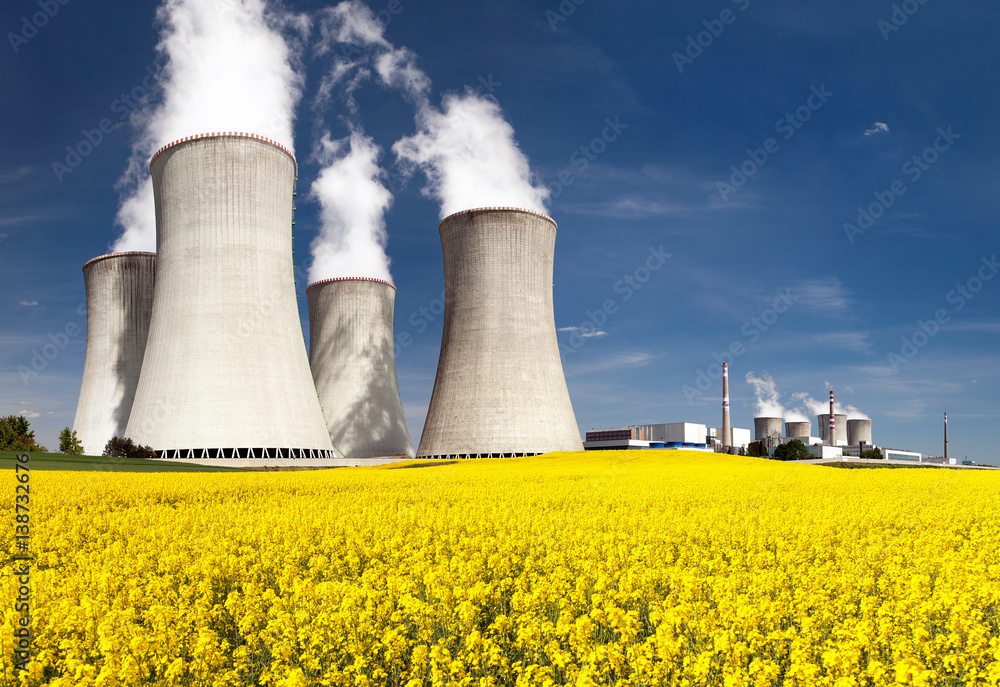cooling tower with golden flowering field of rapeseed
