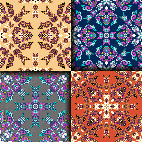 Vector abstract seamless patchwork pattern. Arabic tile texture with geometric and floral ornaments. Decorative elements for textile, book covers, print, gift wrap. Vintage boho style.