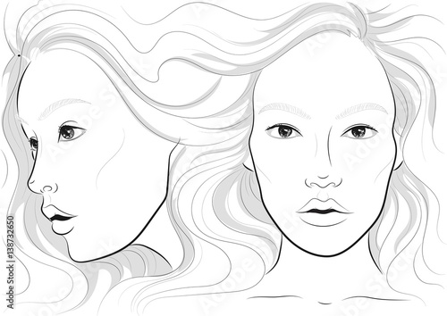 vector portrait of a woman's profile and full face with long beautiful hair, facechart, face chart  for makeup photo