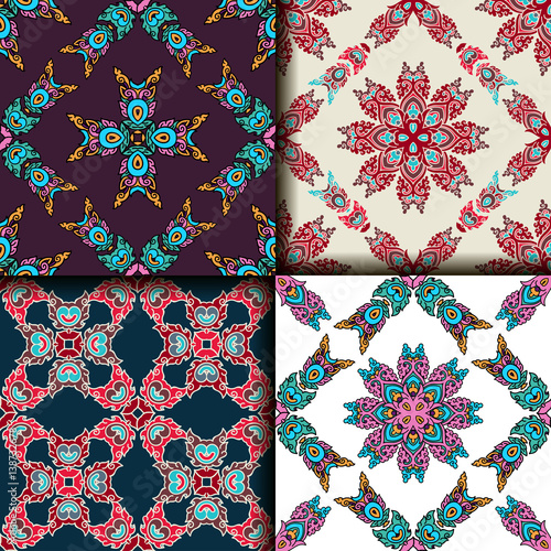 Vector abstract seamless patchwork pattern. Arabic tile texture with geometric and floral ornaments. Decorative elements for textile, book covers, print, gift wrap. Vintage boho style.