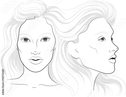 vector portrait of a woman's profile and full face with long beautiful hair, facechart, face chart  for makeup photo