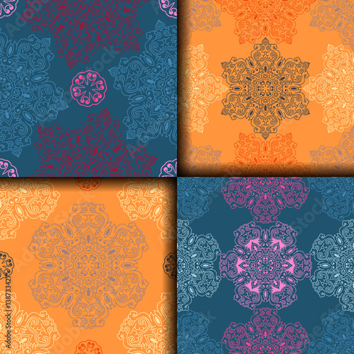 Vector abstract seamless patchwork pattern. Arabic tile texture with geometric and floral ornaments. Decorative elements for textile, book covers, print, gift wrap. Vintage boho style.