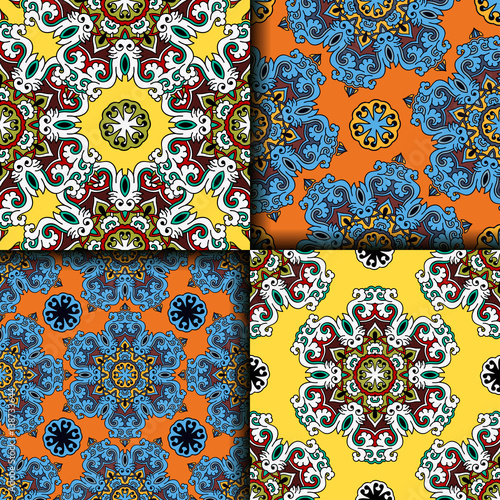 Vector abstract seamless patchwork pattern. Arabic tile texture with geometric and floral ornaments. Decorative elements for textile, book covers, print, gift wrap. Vintage boho style.