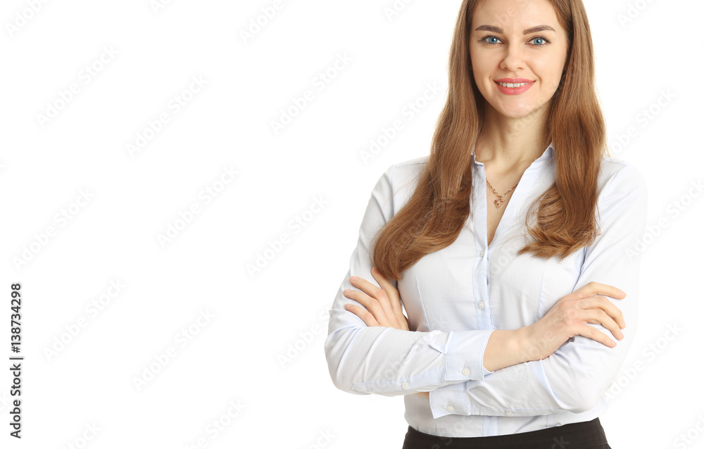 Smiling businesswoman portrait. Isolated on white