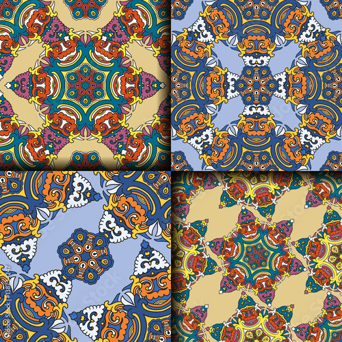 Vector abstract seamless patchwork pattern. Arabic tile texture with geometric and floral ornaments. Decorative elements for textile, book covers, print, gift wrap. Vintage boho style.