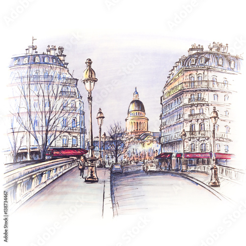 Bridge across river Seine Pont Louis Philippe near the Ile de la Cite in the winter morning, Pantheon in the background, Paris, France. Picture made markers