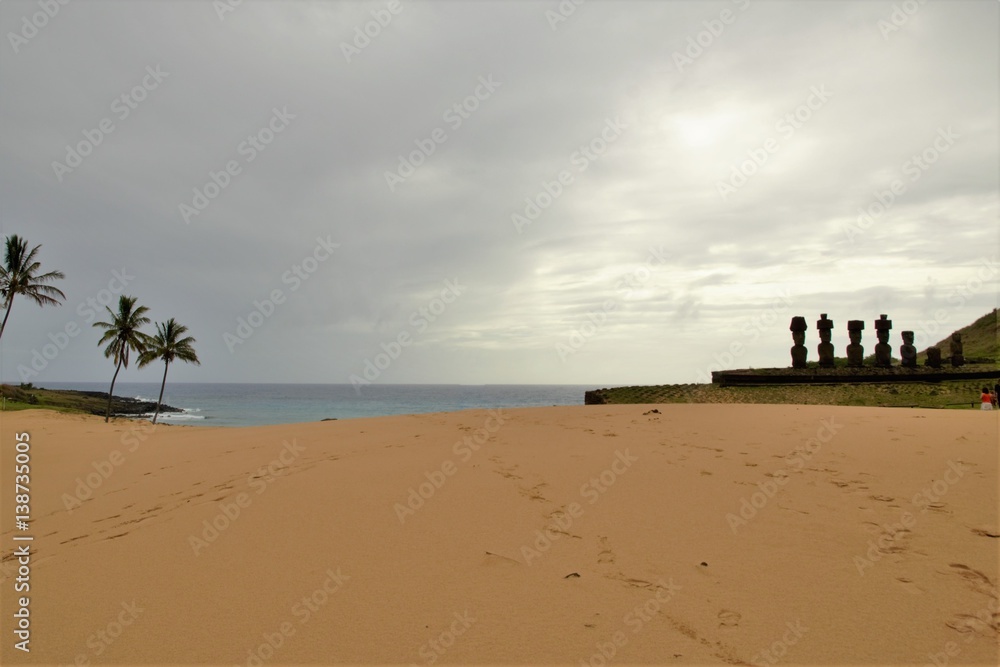 Shot of the Moai statues at Anakena Beach in Easter Island, Rapa Nui, Chile, South America Shot of the Moai statues at Anakena Beach in Easter Island, Rapa Nui, Chile, South America