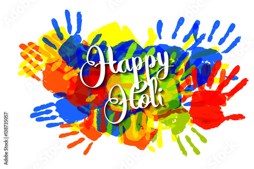 Happy holi on a background of hand prints