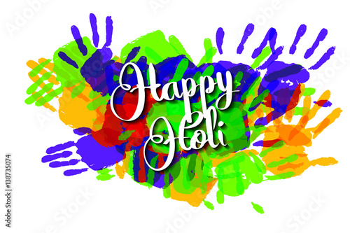 Happy holi on a background of hand prints