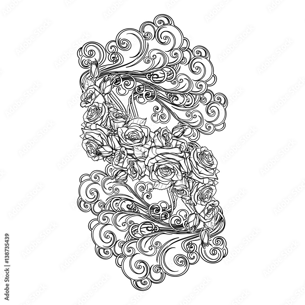Element Air. Decorative vignette with curly clouds and rose flower garland.  Black linear hand drawing isolated on white. Concept design for the tattoo,  colouring book or postcard. EPS10 vector. Stock Vector |