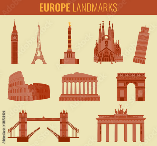 Europe landmarks flat icon set. Travel and Tourism. Vector
