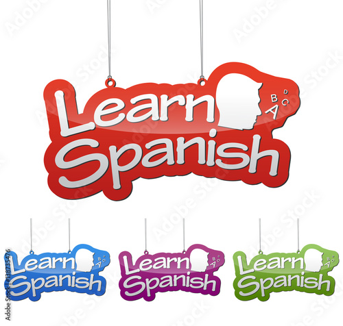 Set vector illustrations isolated tag banner learn spanish in four color variant red, blue, purple and green. This element is wel adapted for web design.
