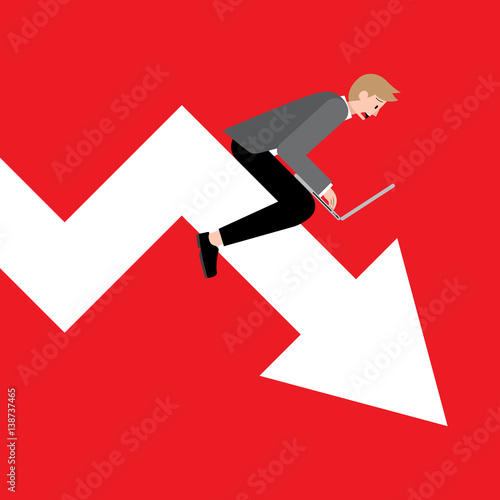 Young startup businessman riding down arrow in graph chart