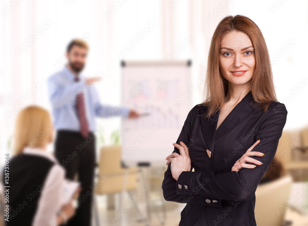 Woman Head satisfied by the team work. Company success Woman Head satisfied by the team work. Company success