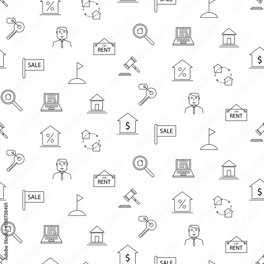 Real estate black and white icon seamless pattern. Real estate black and white icon seamless pattern.