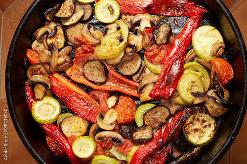 baked or grilled vegetables mushrooms and red paprika, eggplant, vegetable marrow, tomato