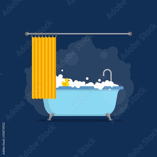 Bathtub with foam bubbles inside and bath yellow rubber duck and open shower curtain isolated on blue background. Bath time in flat style vector illustration