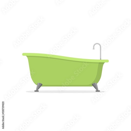 Classic green bathtub isolated on white background. Bath time in flat style vector illustration