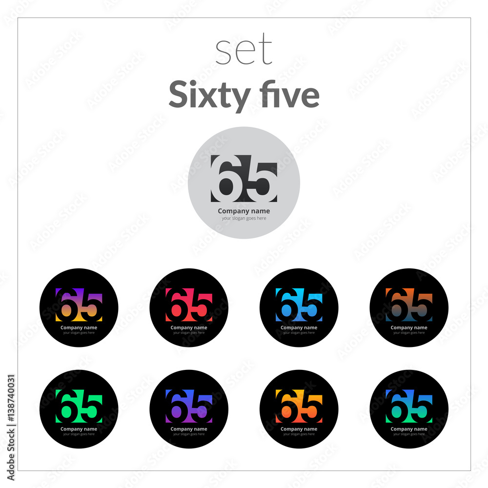 65 logo icon flat and vector set design template. Monogram six and five. Logotype sixty-five with blue, red, green, yellow, violet, orange gradient on black background. Concept signs for card banner 65 logo icon flat and vector set design template. Monogram six and five. Logotype sixty-five with blue, red, green, yellow, violet, orange gradient on black background. Concept signs for card banner