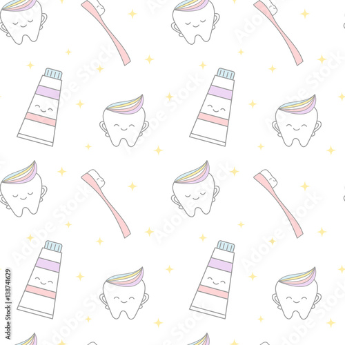 cute cartoon tooth with rainbow toothpaste and pink tooth brush seamless vector pattern background illustration

