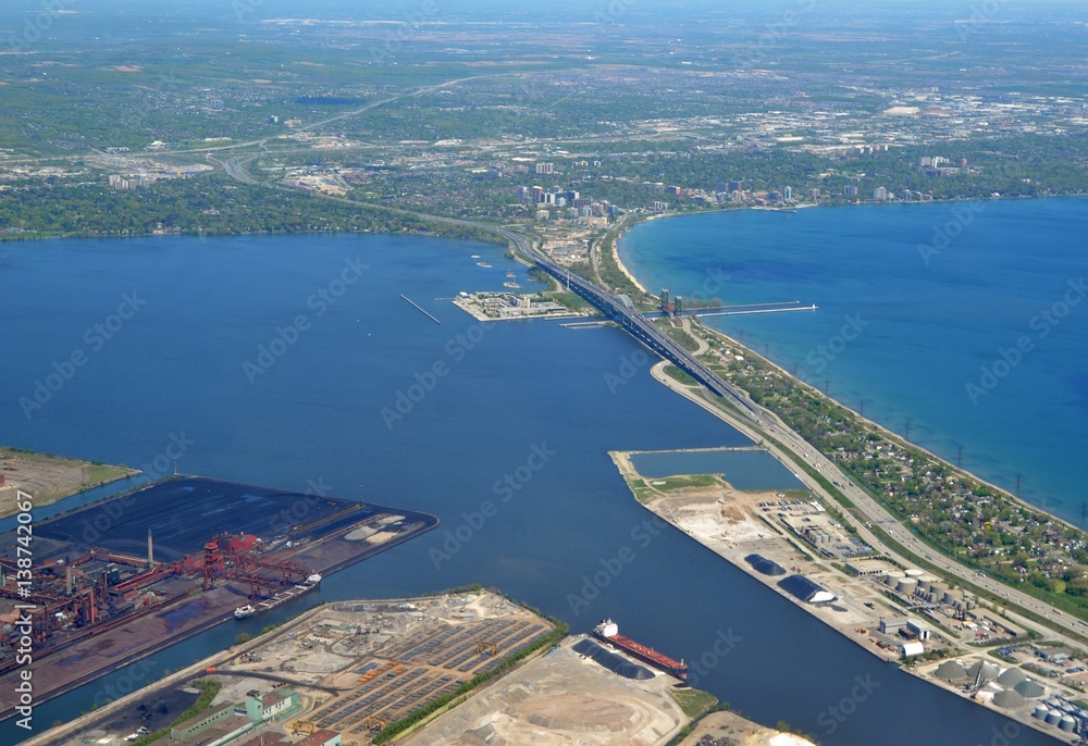 aerial view of  the industrial area ialong the Hamilton harbour, Hamilton Ontario Canada 