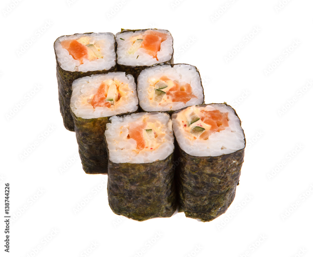 rolls with fish and avocado on a white background rolls with fish and avocado on a white background