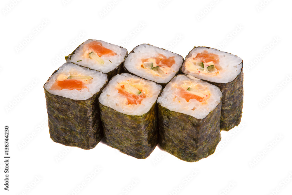 rolls with fish and avocado on a white background rolls with fish and avocado on a white background