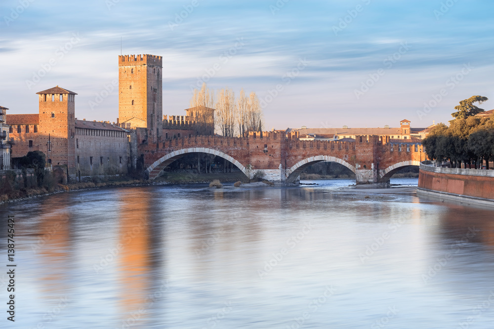 historical quarter of Verona, view from river on Castel Vecchio bridge, Italy