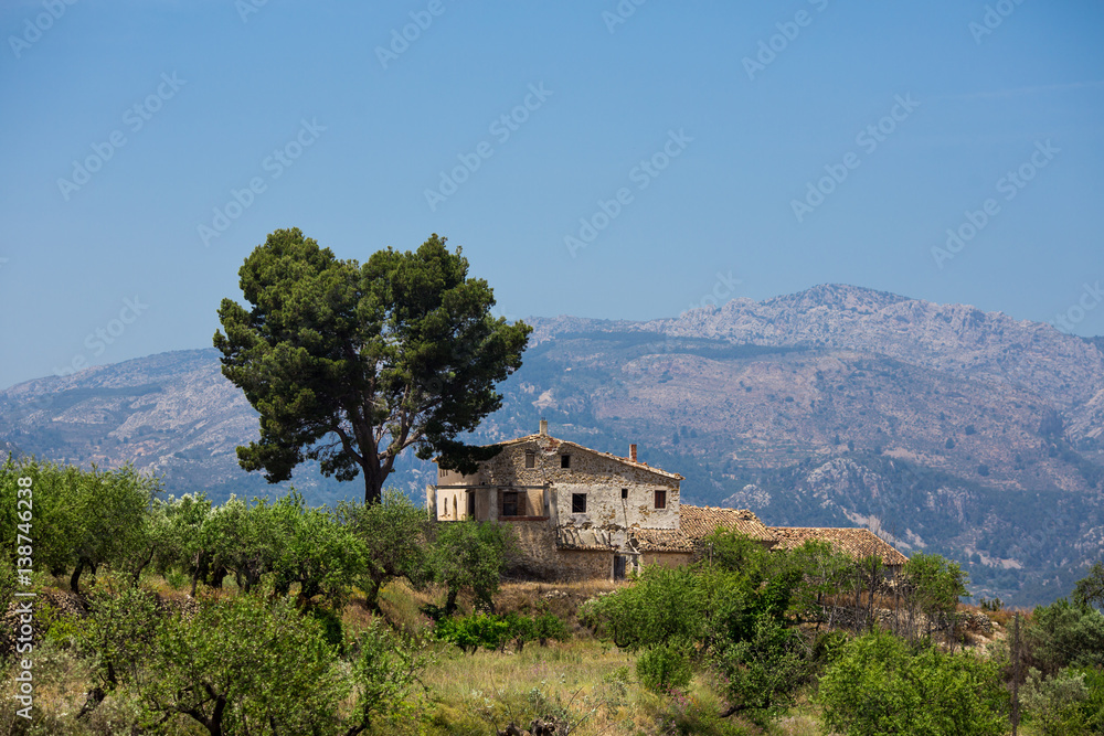 Beautiful landscape background. Lonely old house and tree in the mountains.