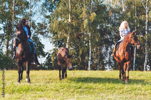 Two female equestrians with purebred brown horses and foal between them