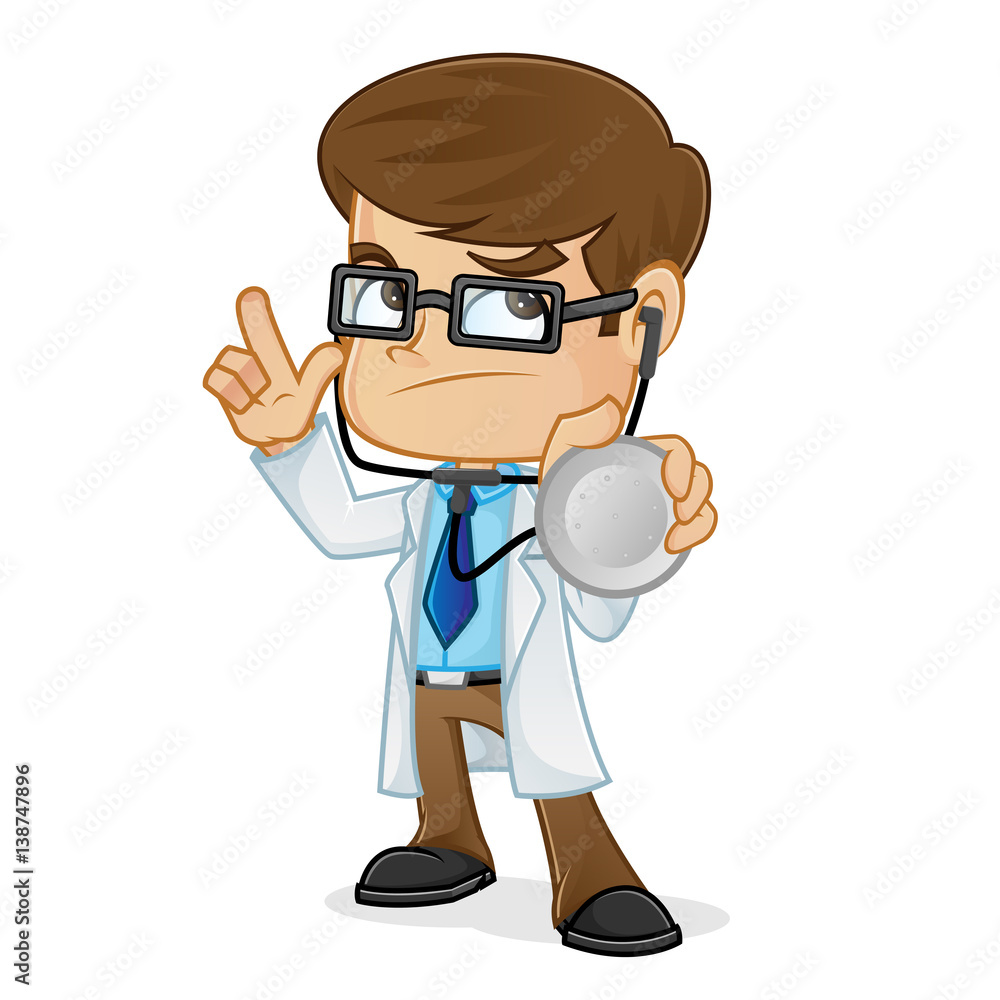 Doctor Holding Stethoscope Thinking and Pointing