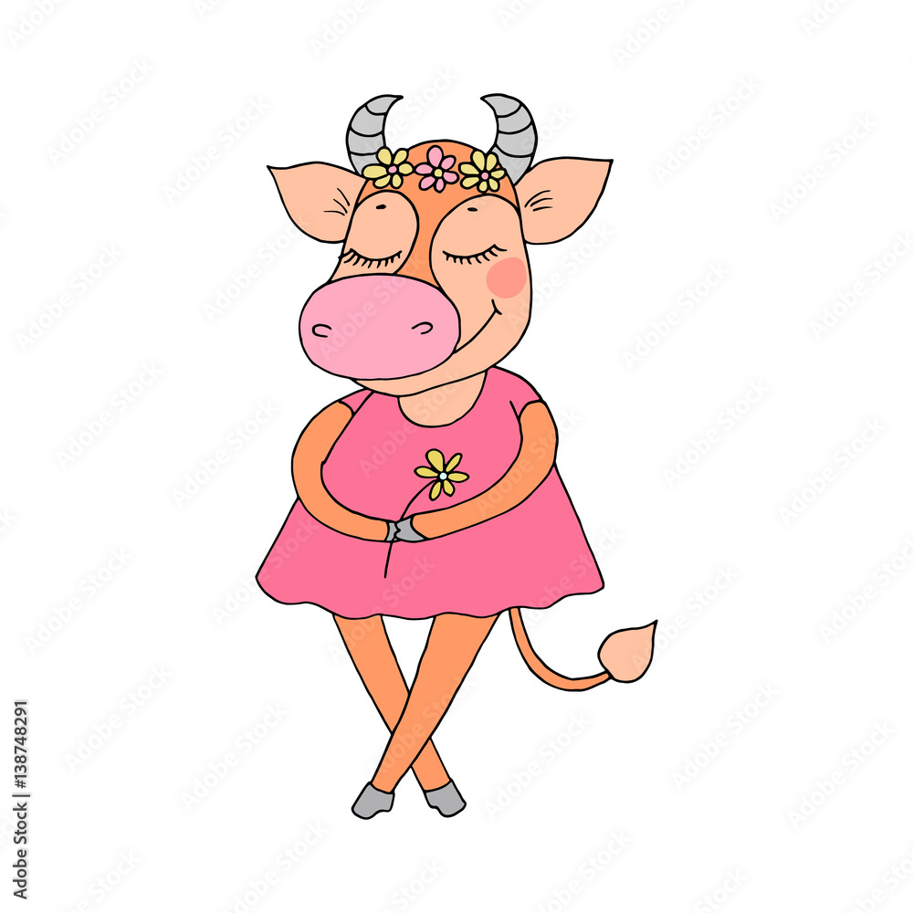 Cute cow with closed eyes in pink dress Stock Vector | Adobe Stock