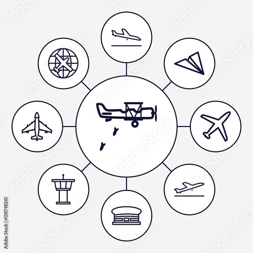 Set of 9 airplane outline icons