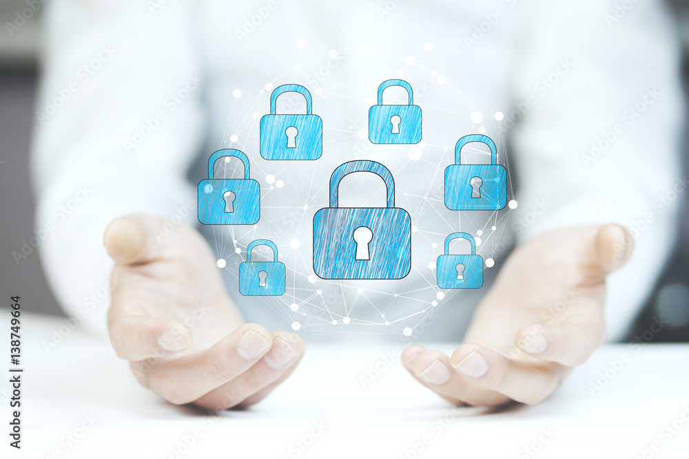 Businessman using digital padlock to secure Businessman using digital padlock to secure