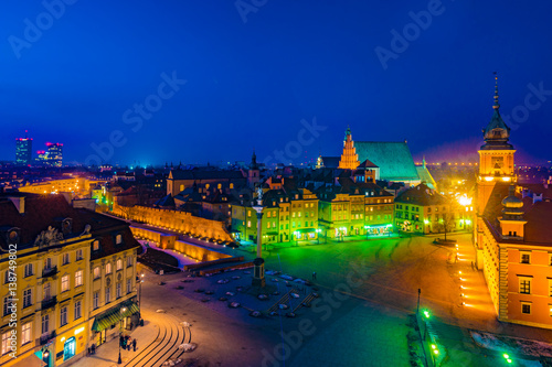 Night Panorama of Royal Castle and Old Town in Warsaw at night, Poland