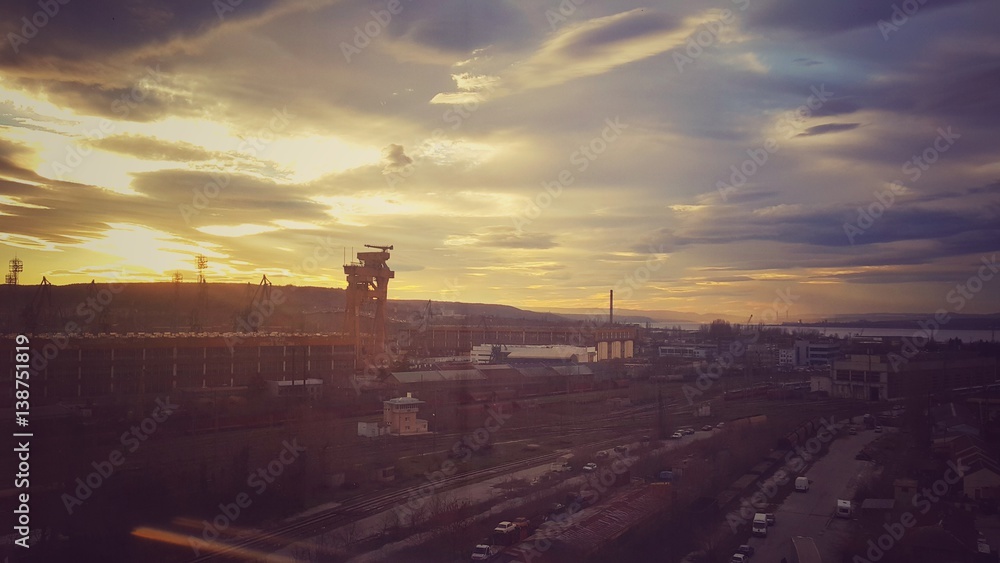 Sunset over the industrial area in Varna, Bulgaria