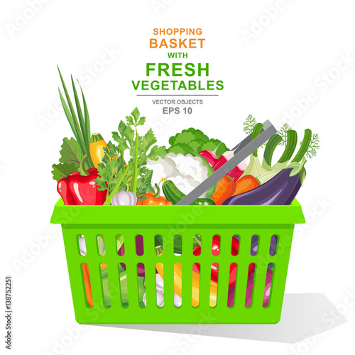 Vector realistic illustration. Colorful fresh organic vegetables and herbs in green shopping basket isolated on white background. Healthy food