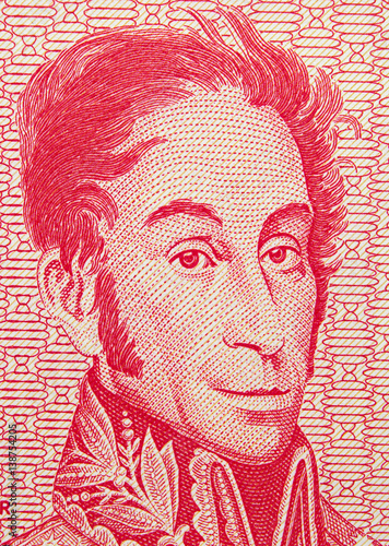 Simon Bolivar (1783 - 1830) portrait on Venezuela 5 bolivares (1989) banknote, Venezuelan money closeup.