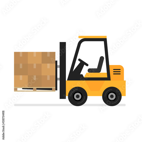 Forklift flat vector icon. Illustration of forklift truck is raising a pallet.