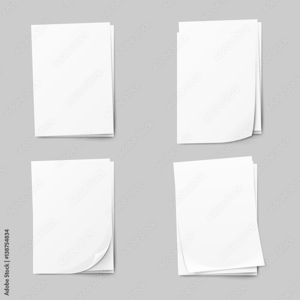Stack of blank papers set. Realistic Collection white sheet of paper. isolated on background. 3d Vector illustration. Stack of blank papers set. Realistic Collection white sheet of paper. isolated on background. 3d Vector illustration.