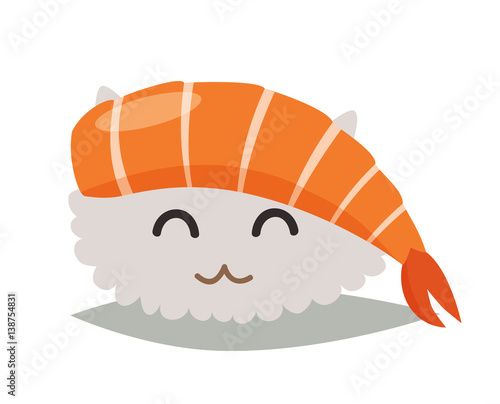 Sashimi happy cat emoji vector illustration. Emoji happy sushi in sunglasses icons. Sashimil whith shrimp funny stickers. Food, cartoon style. Sushi isolated on white background
