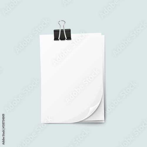 Realistic several sheets of paper and a metal paper clip isolated on background. 3d Vector illustration 