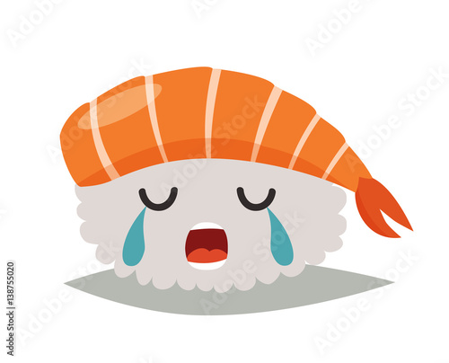 Sashimi crying emoji vector illustration. Cute sad sushi icons. Sashimil whith shrimp funny sticker, flat cartoon style. Isolated on white background