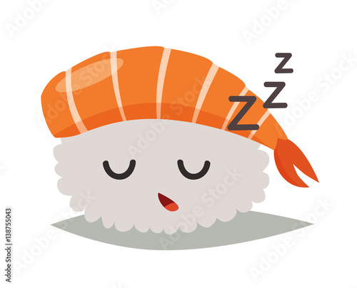 Sashimi sleeping emoji vector illustration. Cute sushi emoticon icon. Sashimil whith srimp funny sticker, flat cartoon style. Isolated emoticon on white background