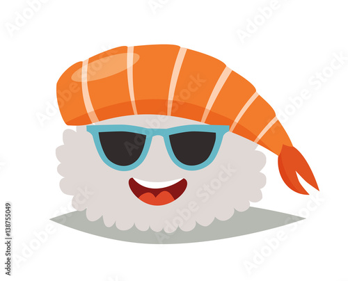 Sashimi happy emoji vector illustration. Emoji happy sushi in sunglasses icons. Sashimil whith shrimp funny stickers. Food, cartoon style. Sushi isolated on white background