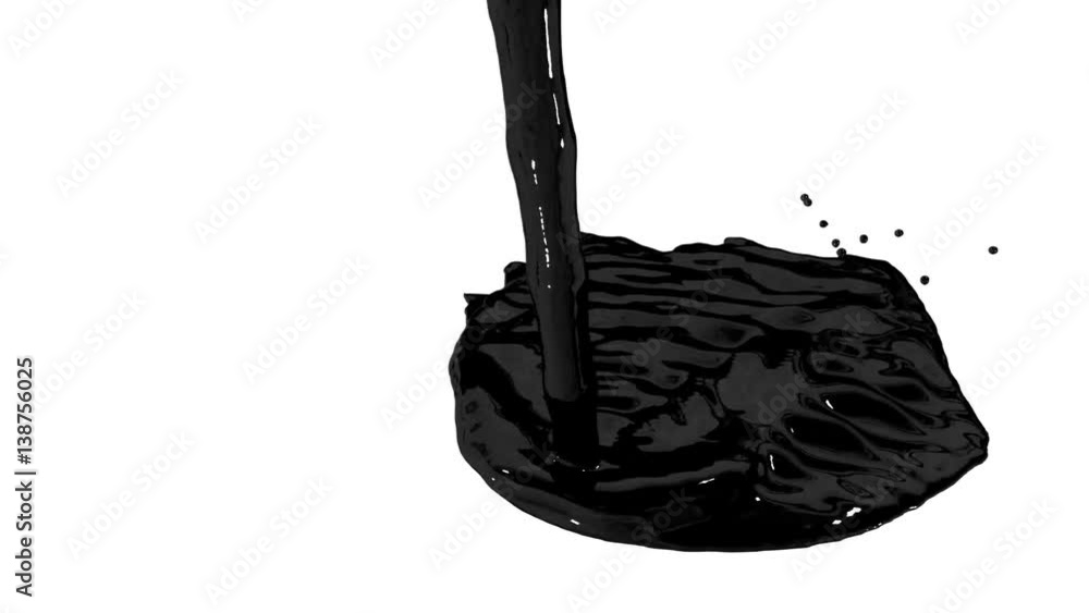 Flow of black paint like oil splattering on white background and ...